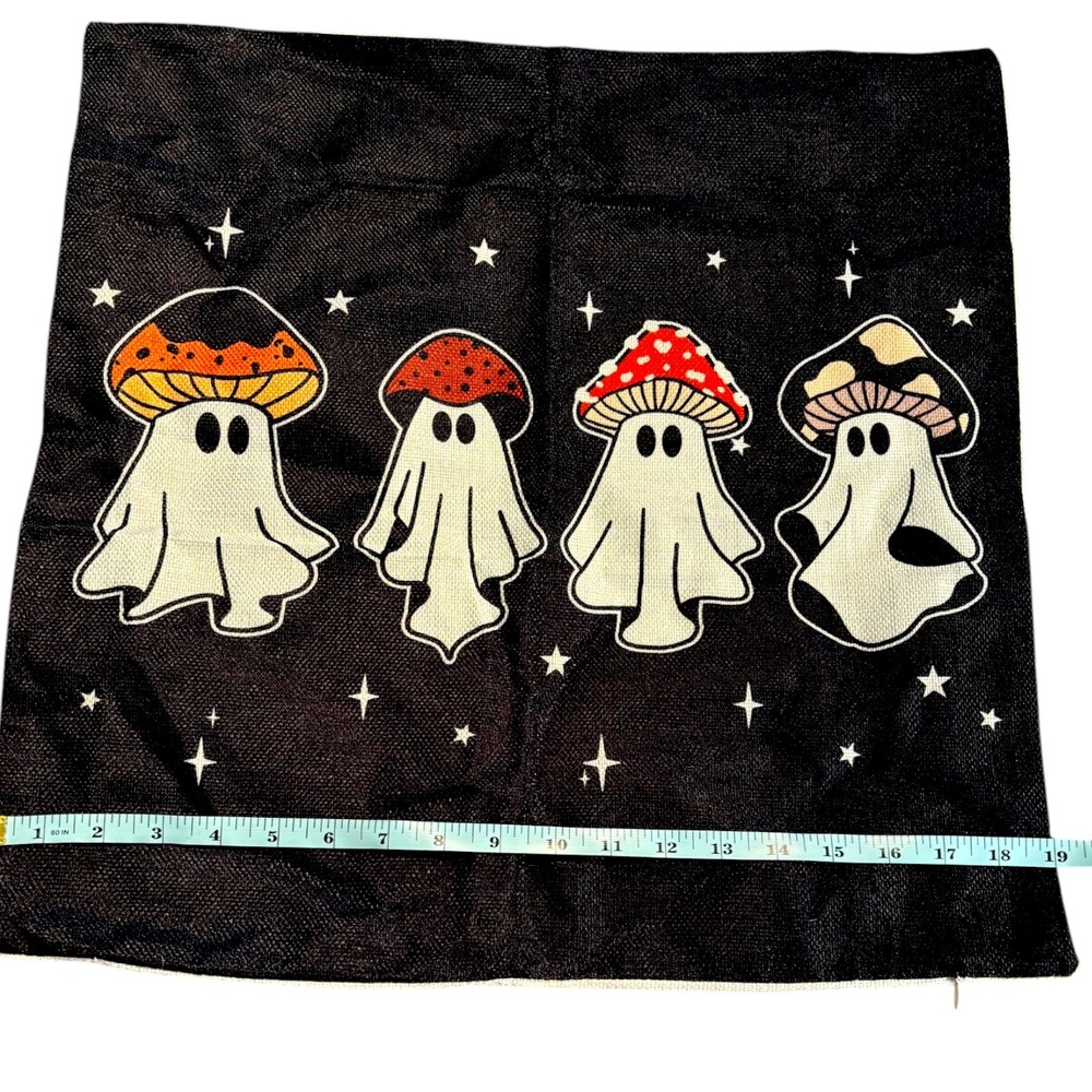 Ghost Mushroom Halloween Pillow‎ Cover Black Cottagecore Spooky Decor 18x18 NWOT - Picture 4 of 7